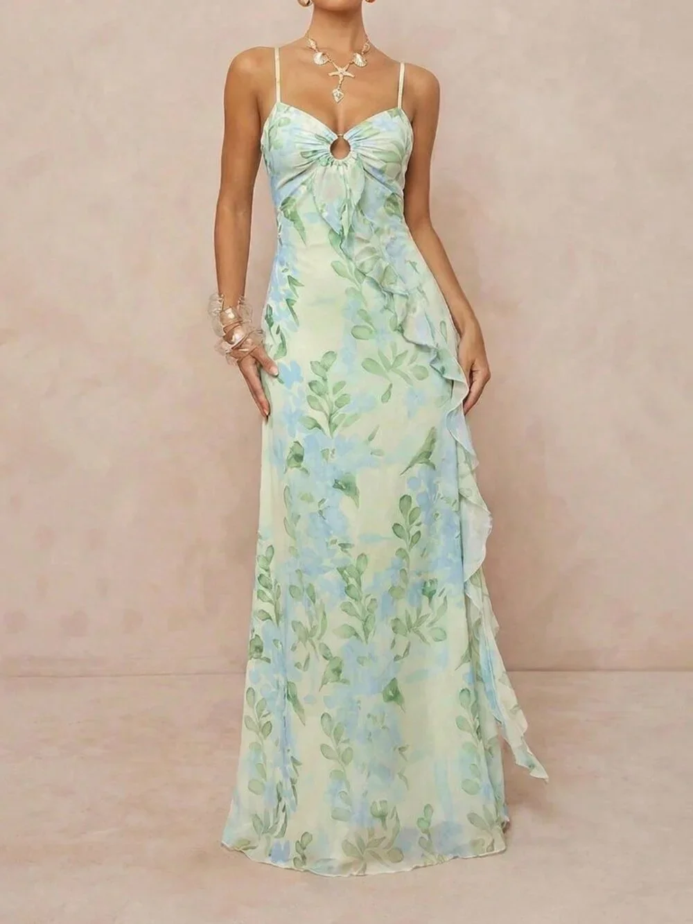 Multicolor Boho Women's Maxi Dress with Ruffle Overlay and Lace Back